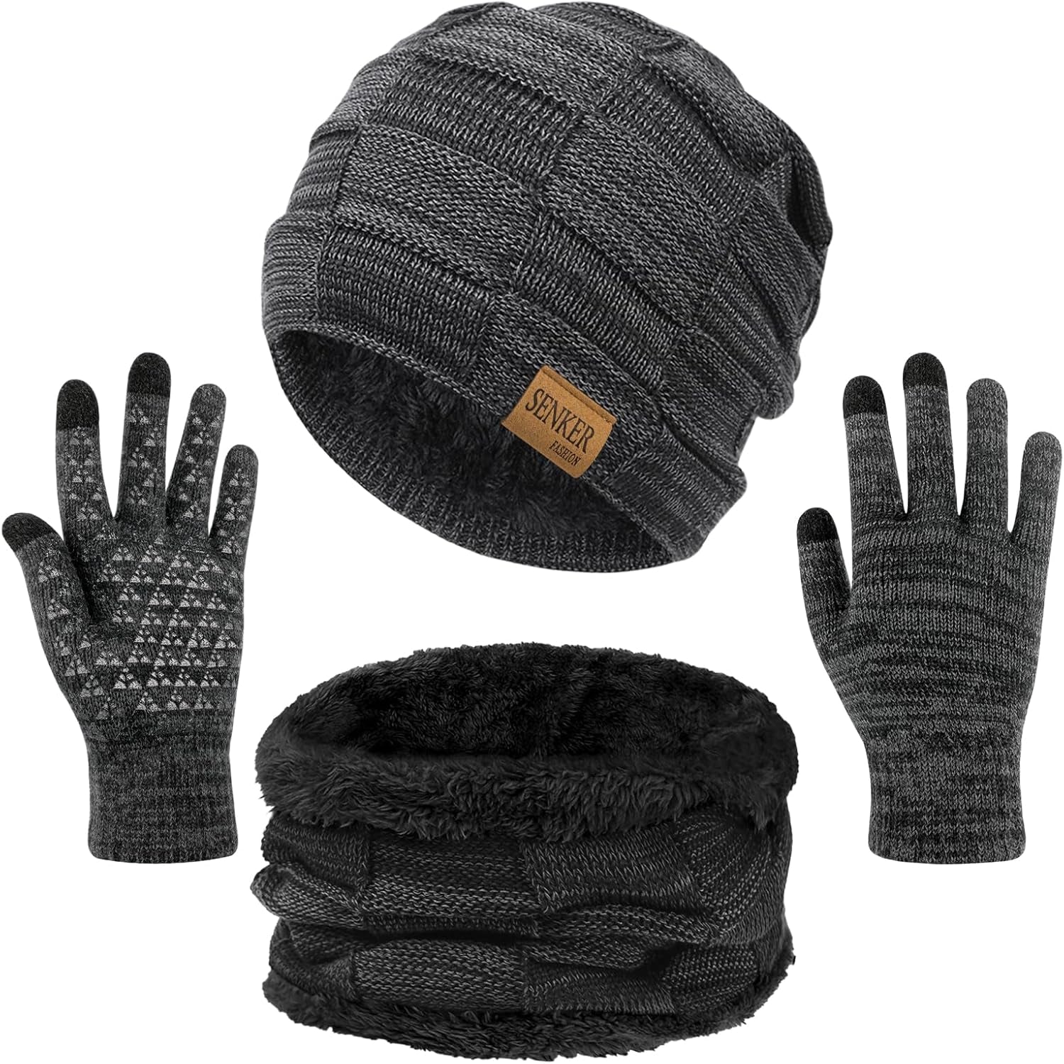 3 Pieces Winter Hat Scarf and Gloves Set for Men and Women, Knit Slouchy Beanie Cap & Neck Warmer & Screen - Touch Gloves