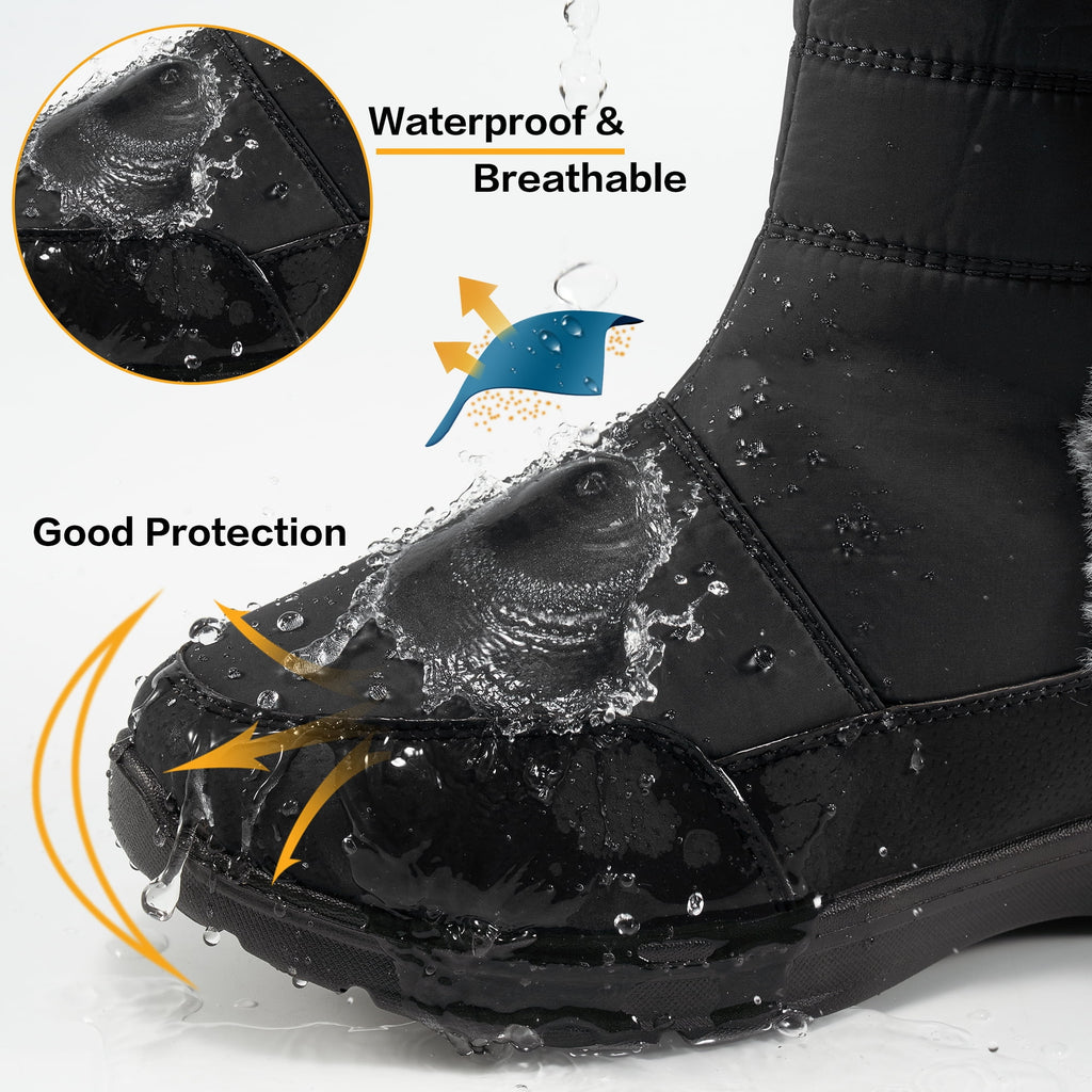 Women'S Snow Boots, Waterproof Faux Fur Lined Mid Calf, Black, Size 8