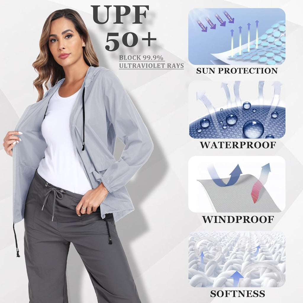 Women'S Raincoat Waterproof Windbreaker Hooded Lightweight Packable Rain Jacket with Back Zipper Coats S-XXL