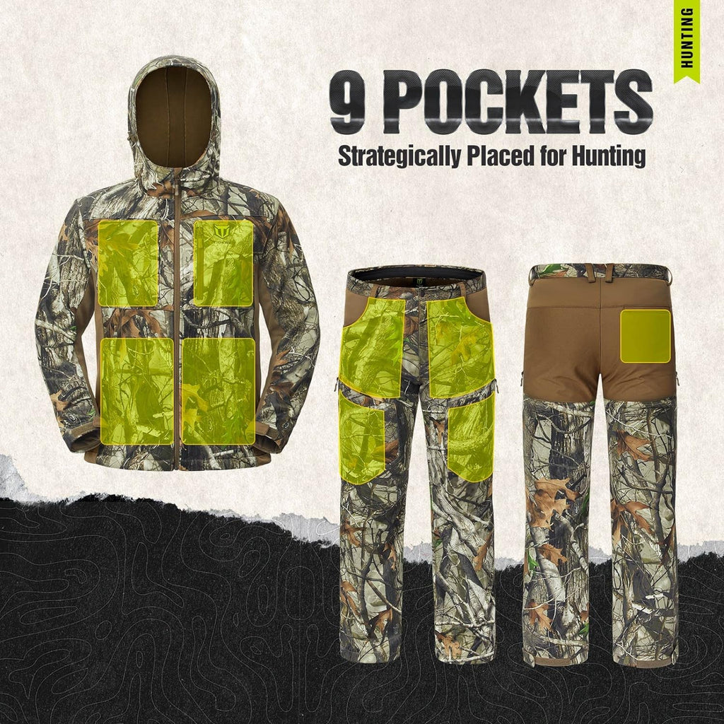 Hunting Clothes for Men with Fleece Lining, Safety Strap Compatible Water Resistant Silent Hunting Jacket and Pants