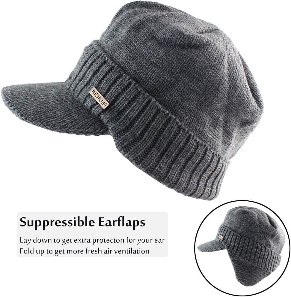 Winter Beanie W/Visor & Earflaps for Men Outdoor Fleece Hat Scarf Set