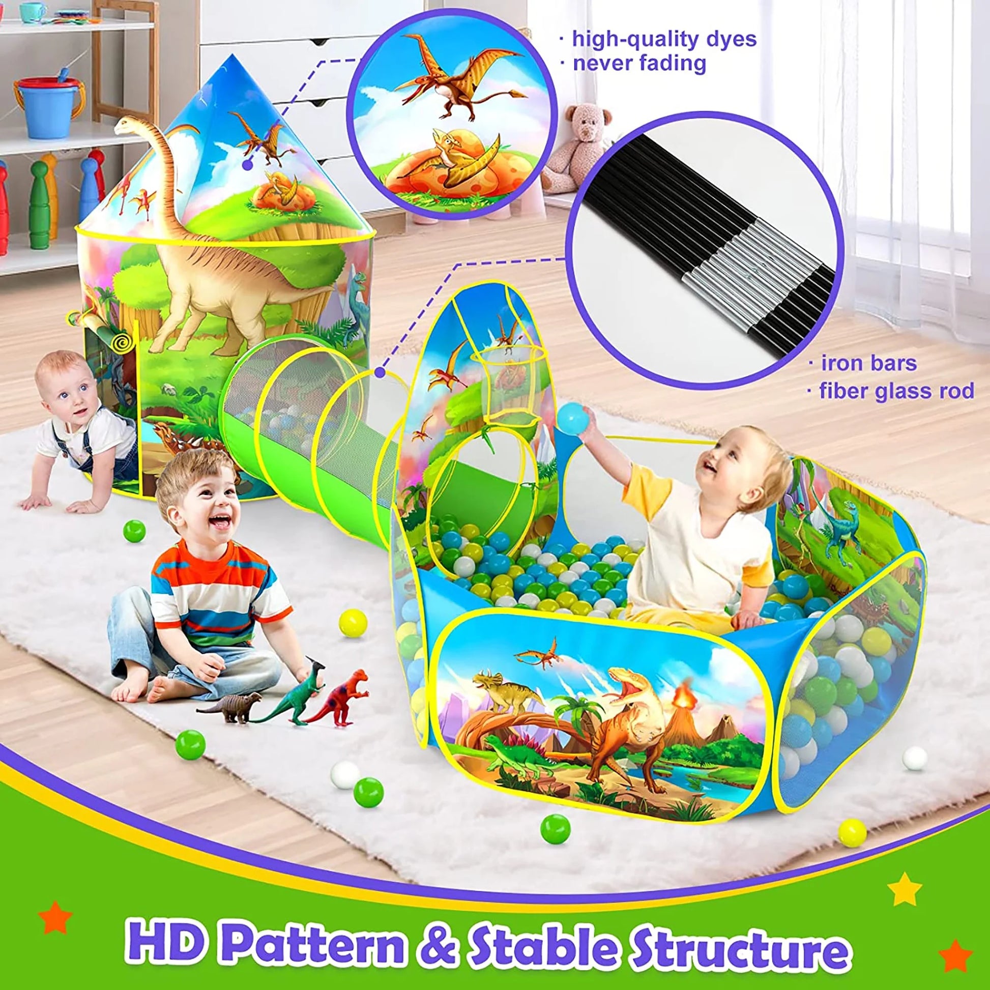 3PC Dinosaur Kids Tent for Toddlers with Baby Ball Pit and Crawl Tunnel Indoor Outdoor Polyester Playhouse