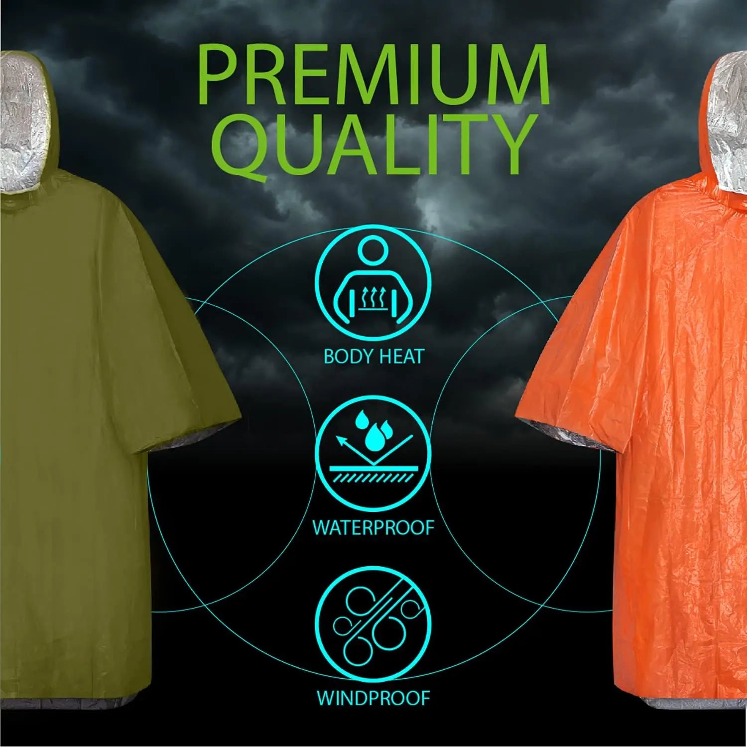 Emergency Rain Poncho with Hood Reusable Weather Resistant Raincoat for Men Women Camping Hiking Emergency Supplies Survival Kit