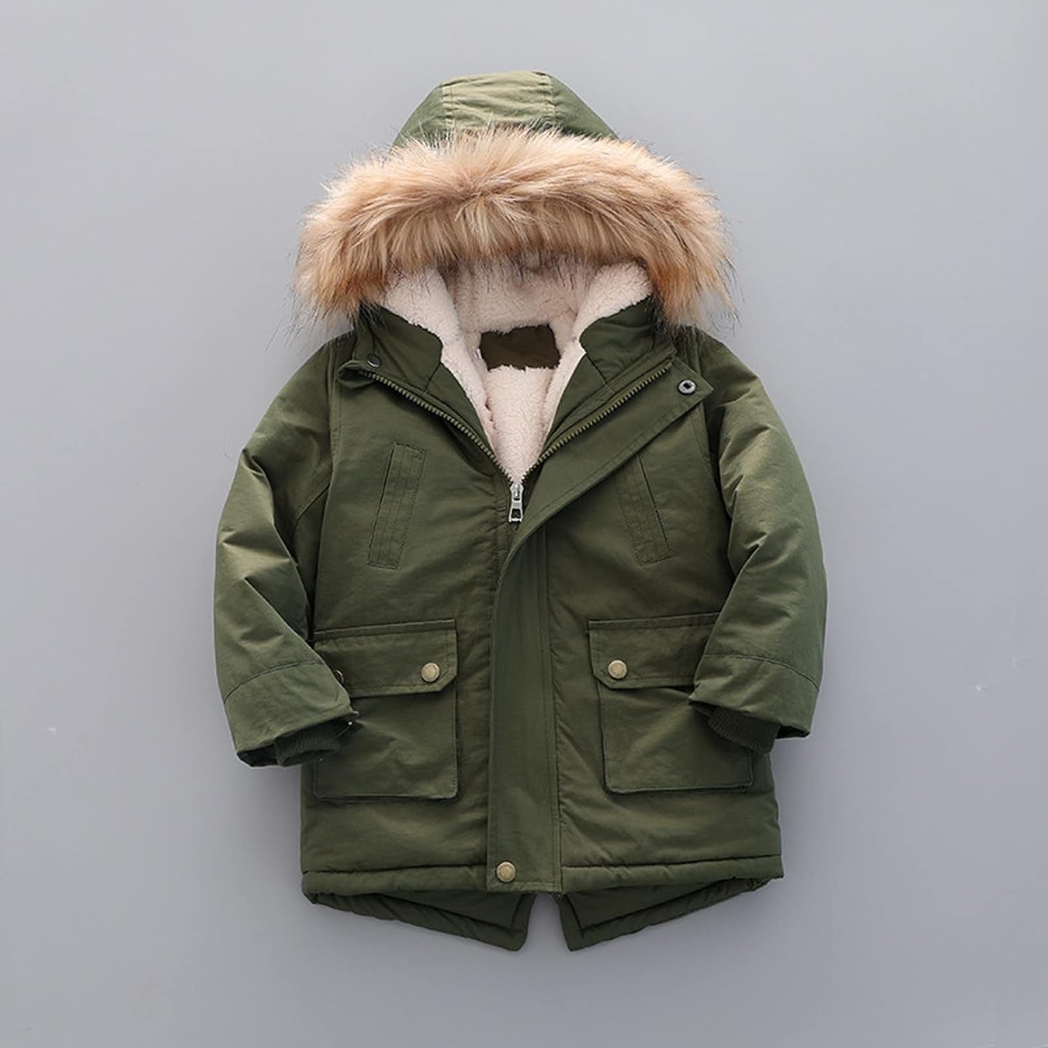 2Y-7Y Kids Boy'S Quilted Puffer Jacket Fleece Lined Thick Coat Hooded Winter Waterproof Parka Faux Fur Outerwear (Green, 3-4 Years)