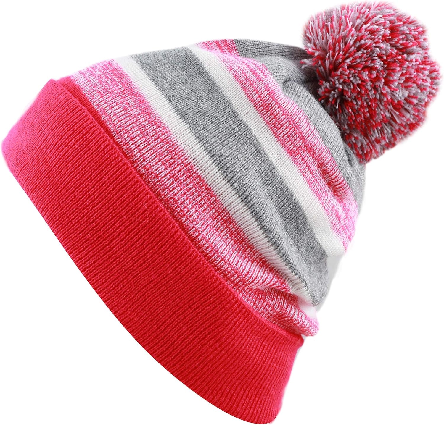 Kids Cuffed Beanie Knit Stripe Pom Winter Hat