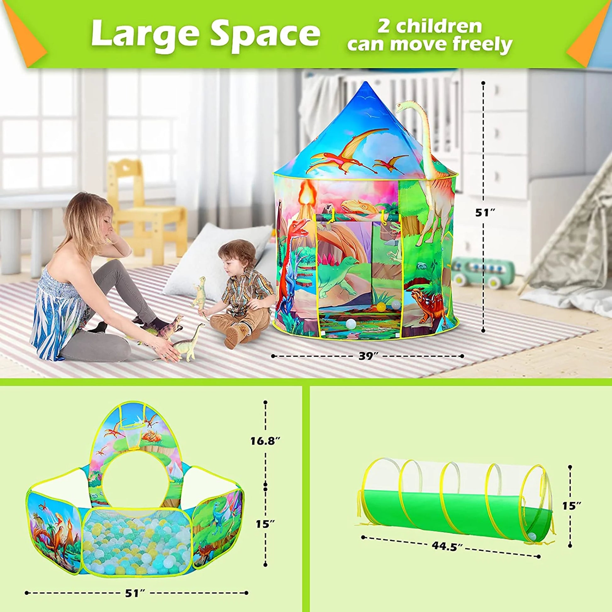3PC Dinosaur Kids Tent for Toddlers with Baby Ball Pit and Crawl Tunnel Indoor Outdoor Polyester Playhouse