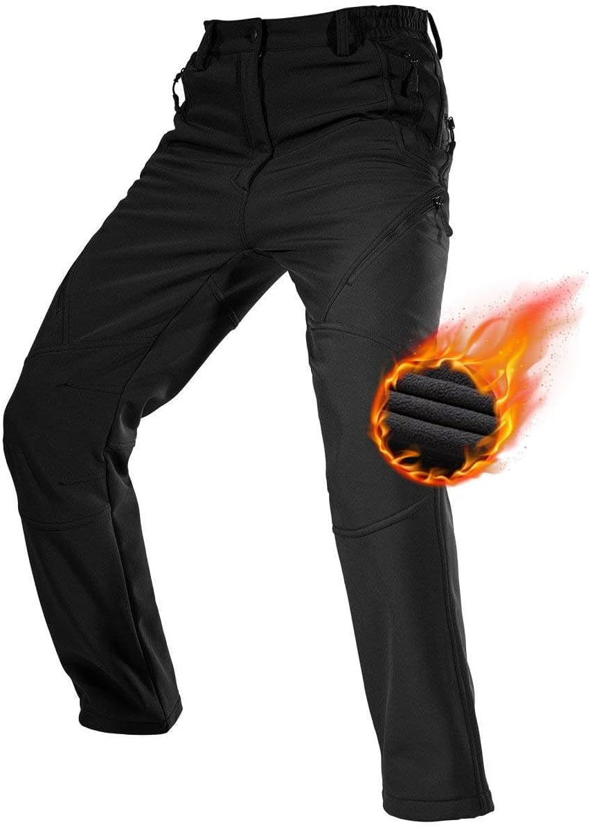 Men'S Fleece Lined Outdoor Cargo Hiking Pants Water Repellent Softshell Snow Ski Pants with Zipper Pockets