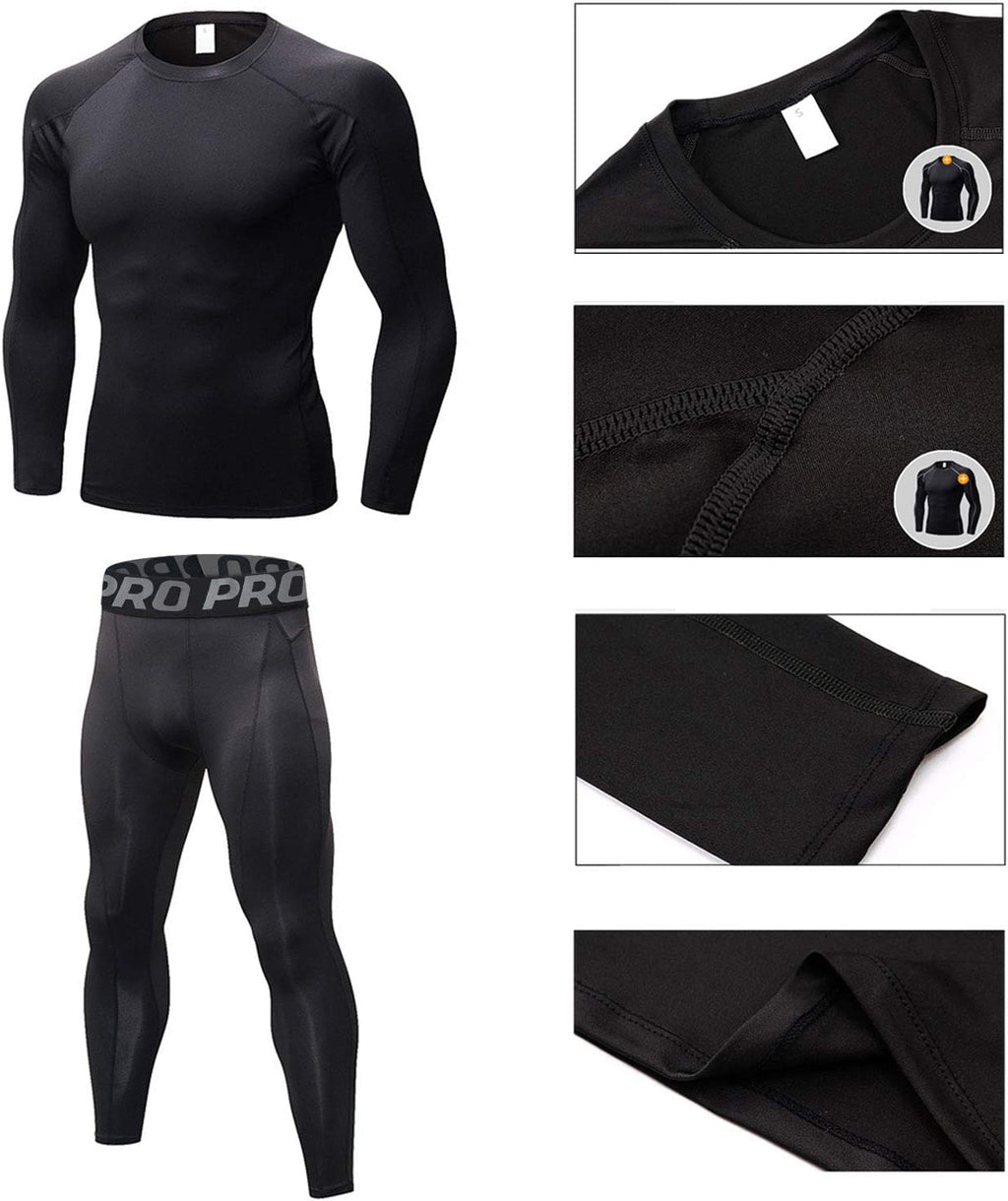 Mens Workout Compression Set Pants and Long Sleeve Shirts Winter Warm Thermal Baselayer Top & Bottom