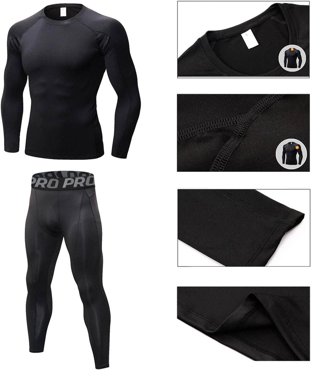 Mens Workout Compression Set Pants and Long Sleeve Shirts Winter Warm Thermal Baselayer Top & Bottom