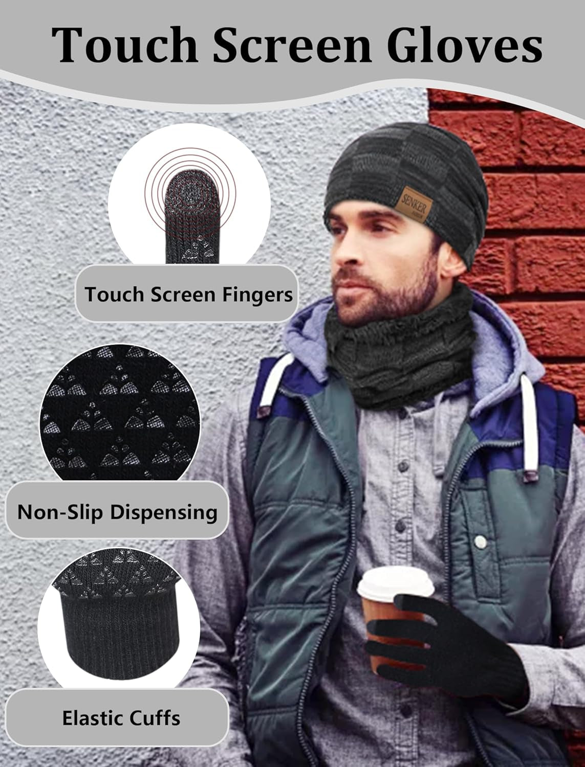 3 Pieces Winter Hat Scarf and Gloves Set for Men and Women, Knit Slouchy Beanie Cap & Neck Warmer & Screen - Touch Gloves