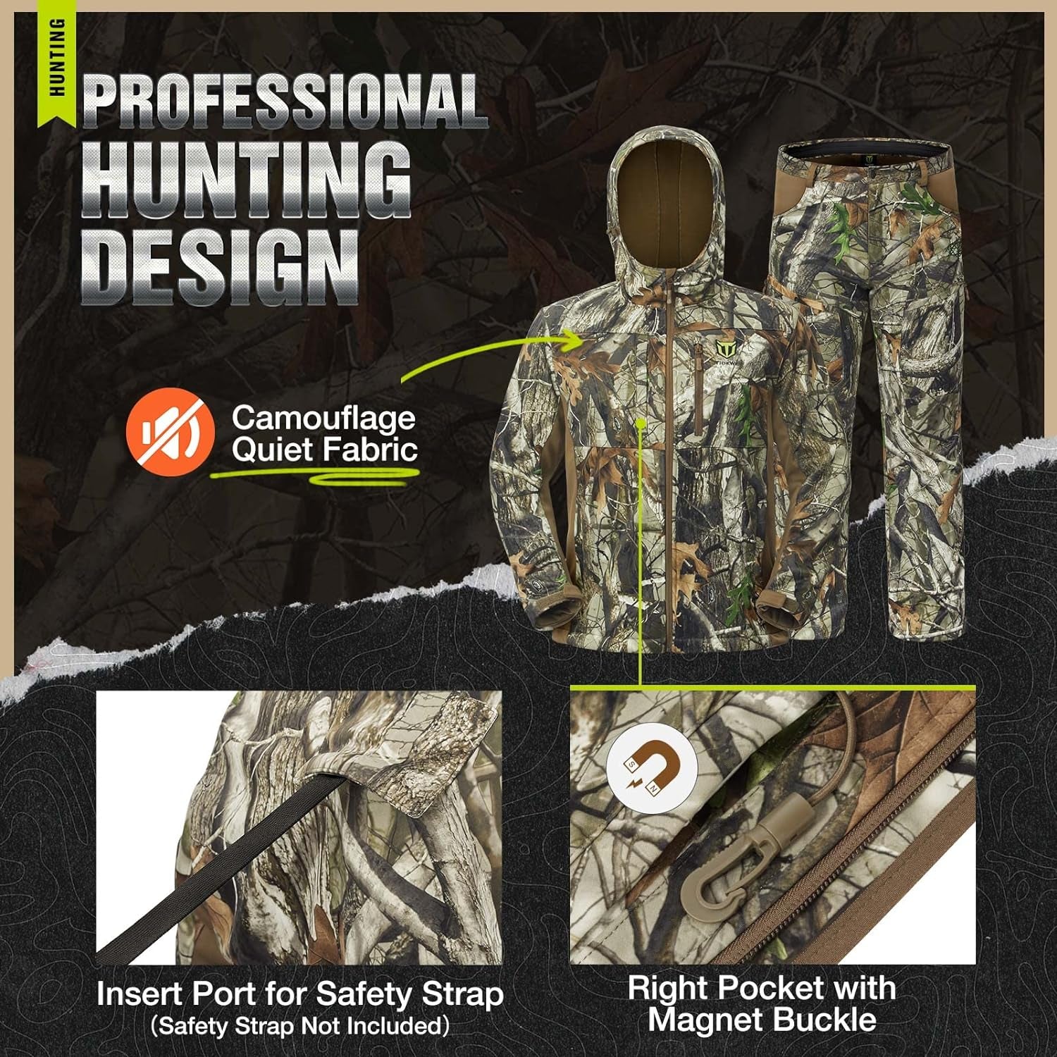 Hunting Clothes for Men with Fleece Lining, Safety Strap Compatible Water Resistant Silent Hunting Jacket and Pants