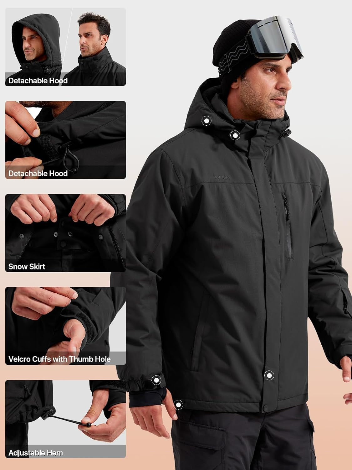 Men'S Waterproof Ski Snow Jacket Fleece Lined Warm Winter Rain Jacket with Hood Fully Taped Seams