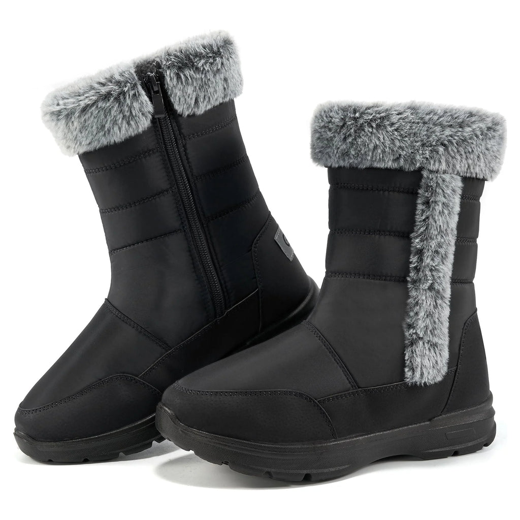 Women'S Snow Boots, Waterproof Faux Fur Lined Mid Calf, Black, Size 8