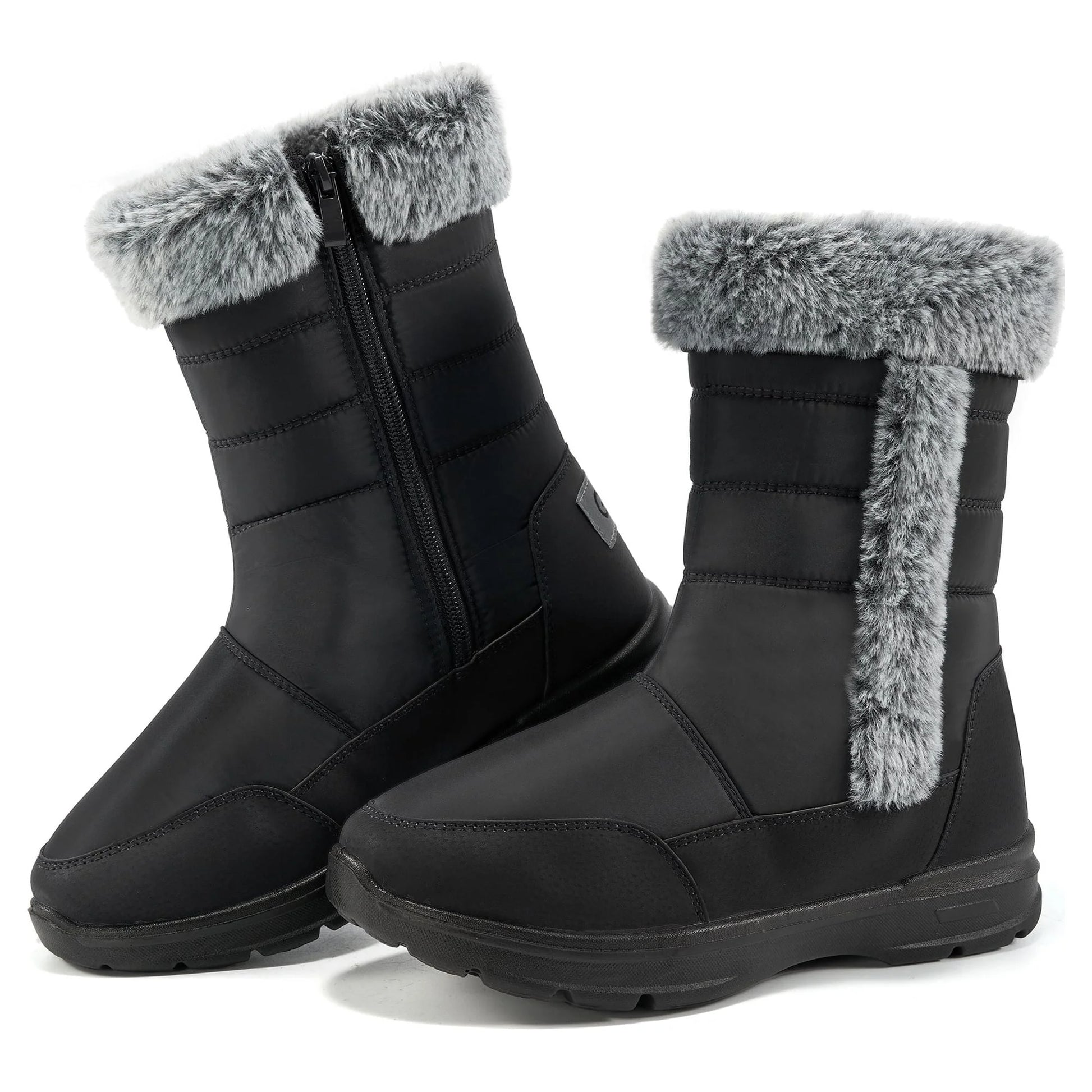Women'S Snow Boots, Waterproof Faux Fur Lined Mid Calf, Black, Size 8