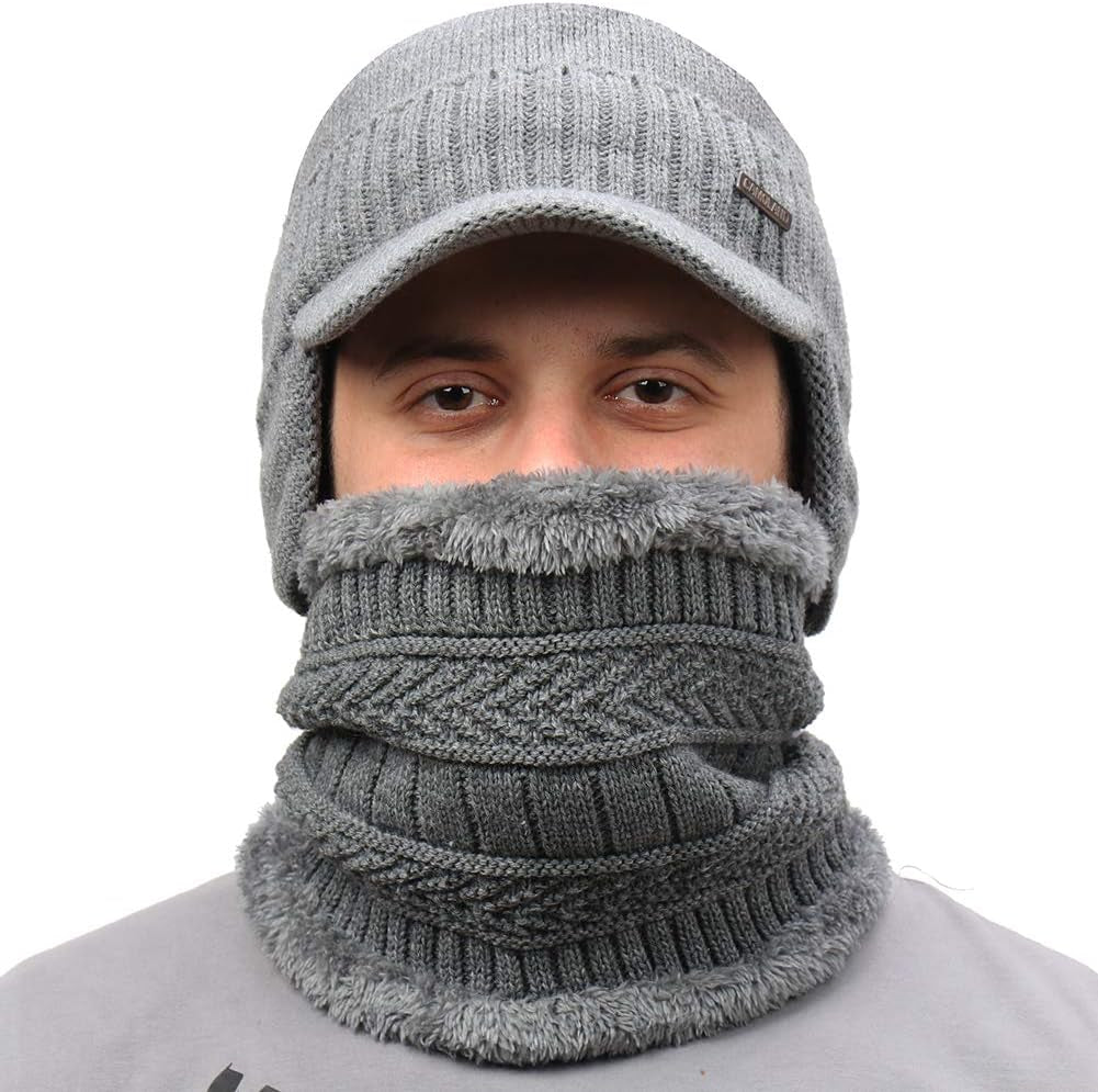 Winter Beanie W/Visor & Earflaps for Men Outdoor Fleece Hat Scarf Set