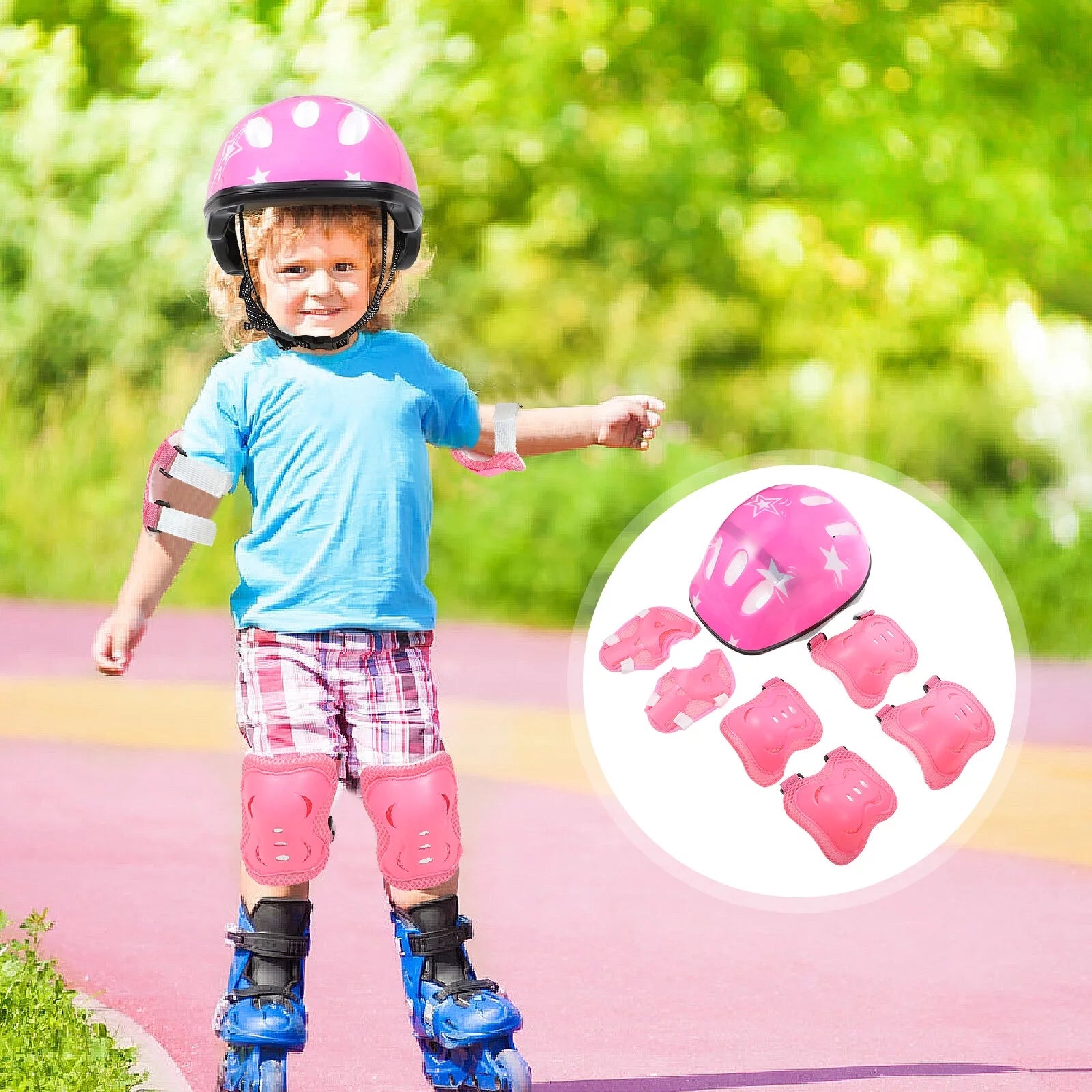 Kids Adjustable Helmet Suitable for Ages 3-14 Years Toddler Boys Girls, Sports Protective Gear Set Knee Elbow Wrist Pads for Bike Skateboard Scooter Rollerblading-Pink