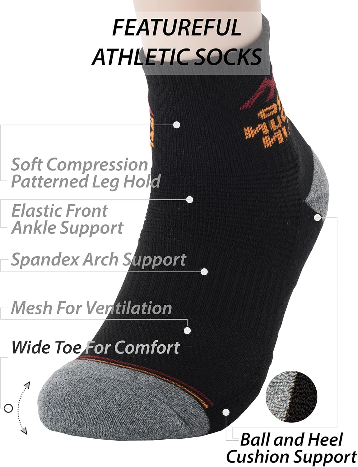 Wide Toe Box for Health Cotton Compression Ankle Socks Athletic Hiking Mesh Quarter Length
