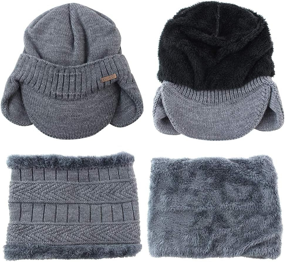 Winter Beanie W/Visor & Earflaps for Men Outdoor Fleece Hat Scarf Set