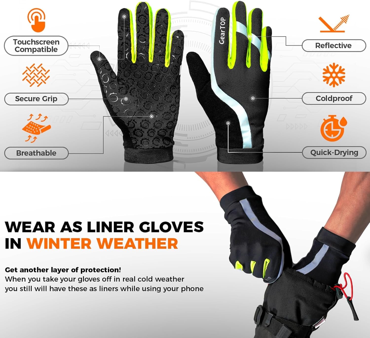 Running Gloves for Men & Women, Touchscreen Cold Weather Jogging Gear, Fluorescent Reflective Winter Gloves Visible at Night, Warm Glove Liners for Hiking