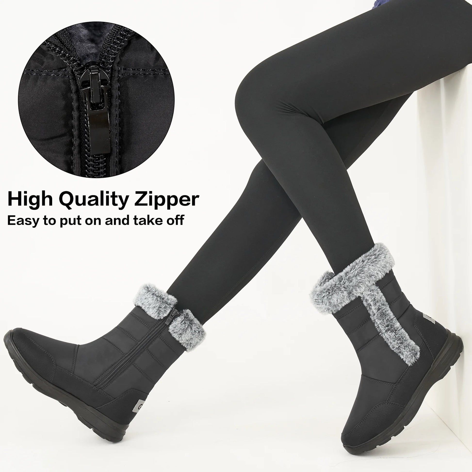 Women'S Snow Boots, Waterproof Faux Fur Lined Mid Calf, Black, Size 8