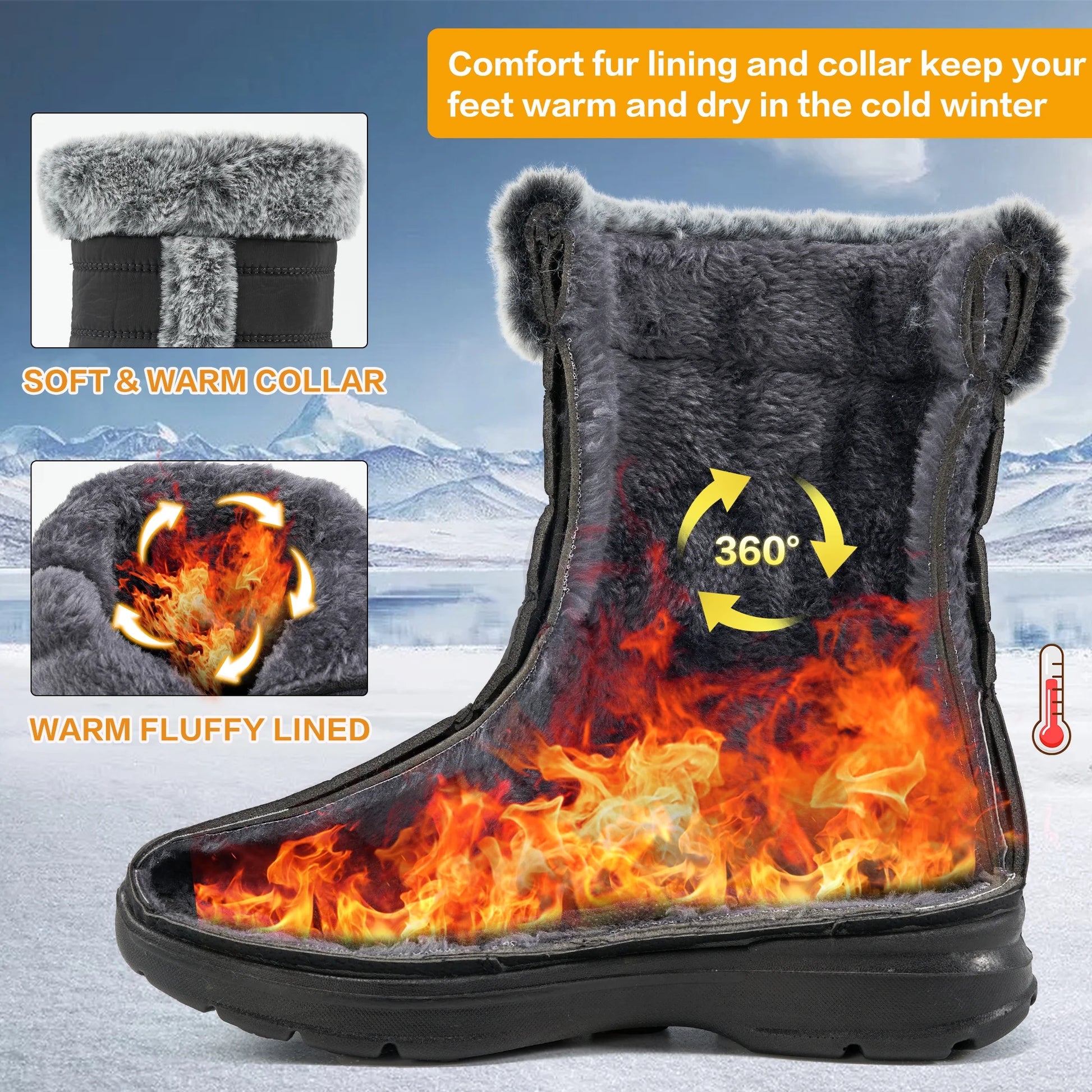 Women'S Snow Boots, Waterproof Faux Fur Lined Mid Calf, Black, Size 8