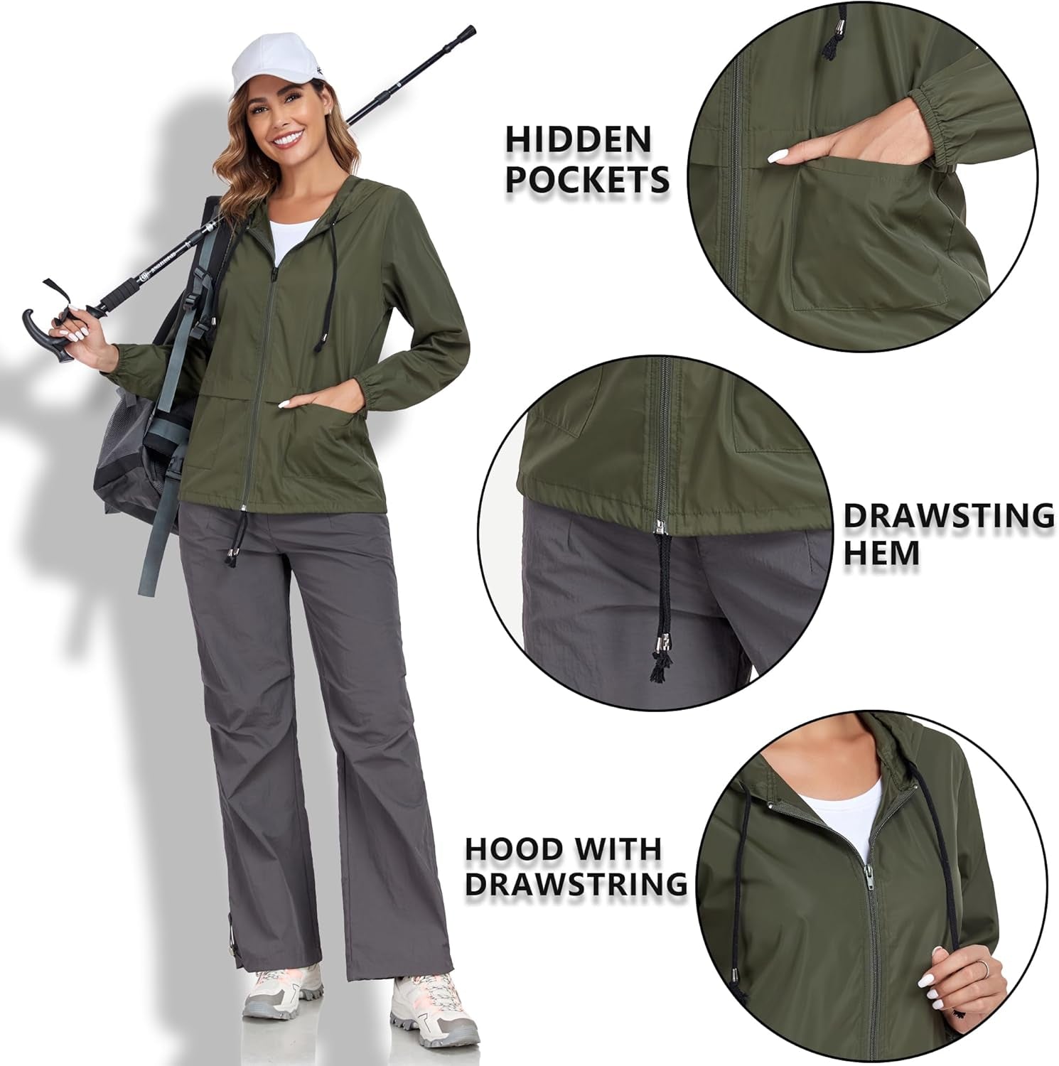 Women'S Raincoat Waterproof Windbreaker Hooded Lightweight Packable Rain Jacket with Back Zipper Coats S-XXL