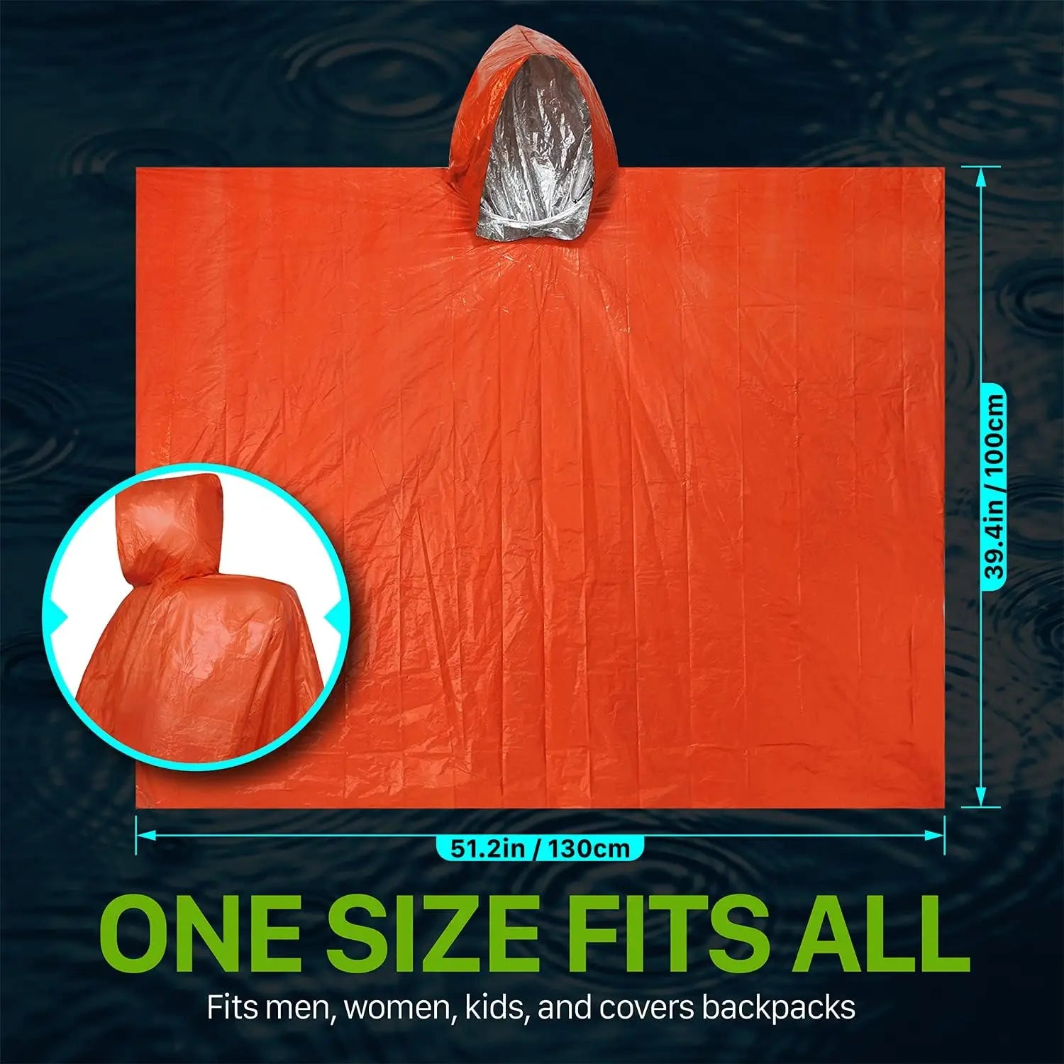 Emergency Rain Poncho with Hood Reusable Weather Resistant Raincoat for Men Women Camping Hiking Emergency Supplies Survival Kit