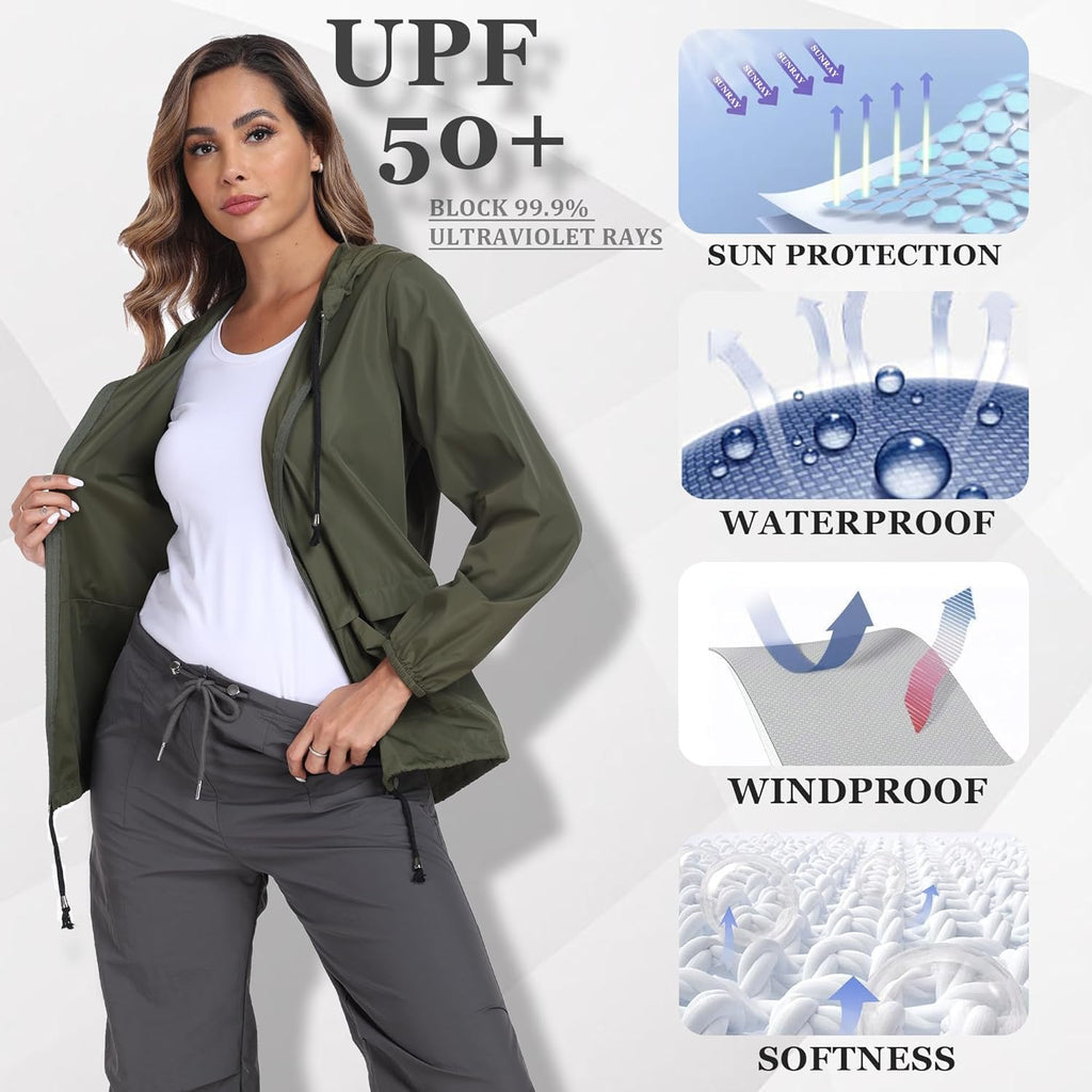 Women'S Raincoat Waterproof Windbreaker Hooded Lightweight Packable Rain Jacket with Back Zipper Coats S-XXL