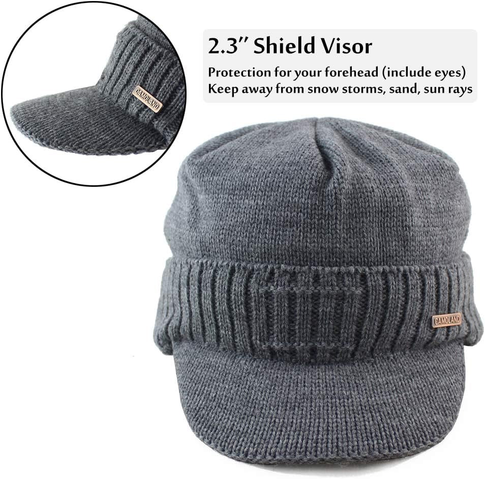 Winter Beanie W/Visor & Earflaps for Men Outdoor Fleece Hat Scarf Set