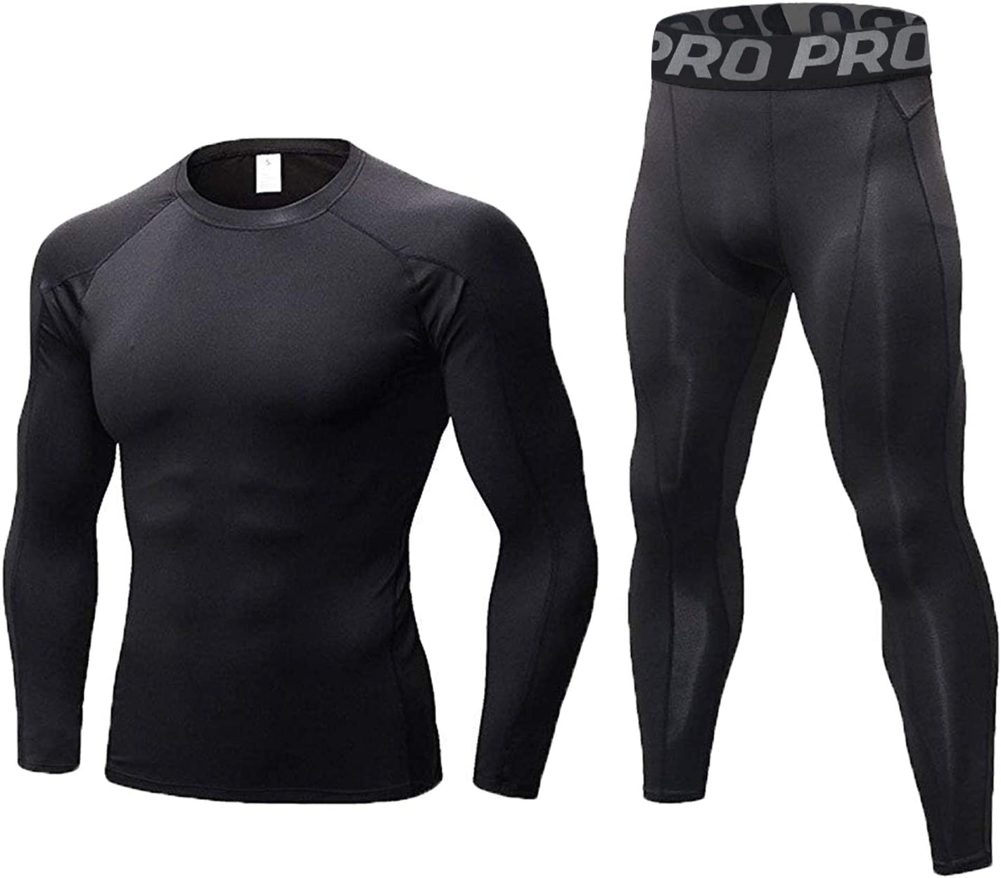 Mens Workout Compression Set Pants and Long Sleeve Shirts Winter Warm Thermal Baselayer Top & Bottom