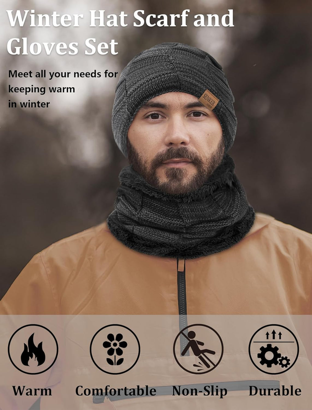 3 Pieces Winter Hat Scarf and Gloves Set for Men and Women, Knit Slouchy Beanie Cap & Neck Warmer & Screen - Touch Gloves