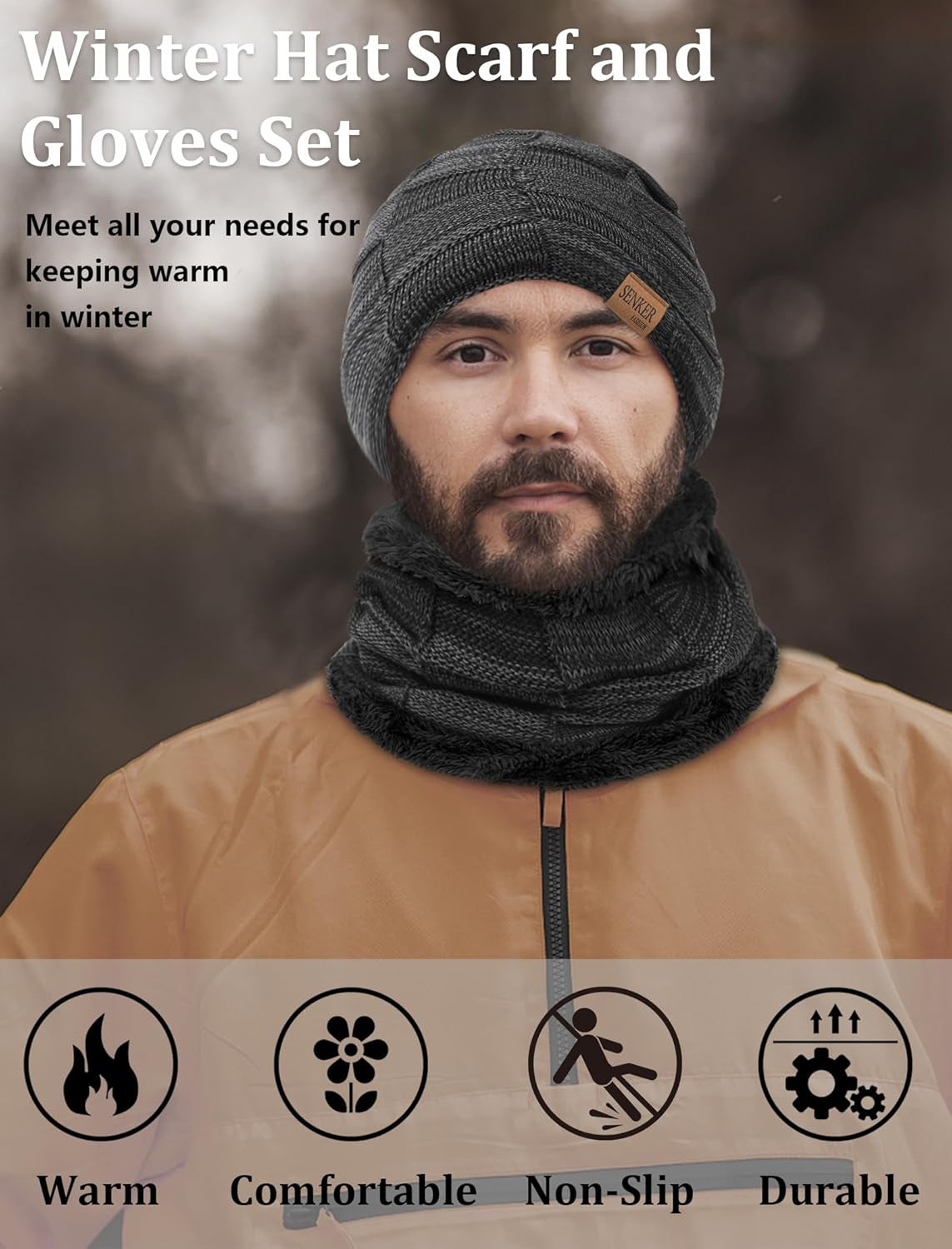 3 Pieces Winter Hat Scarf and Gloves Set for Men and Women, Knit Slouchy Beanie Cap & Neck Warmer & Screen - Touch Gloves