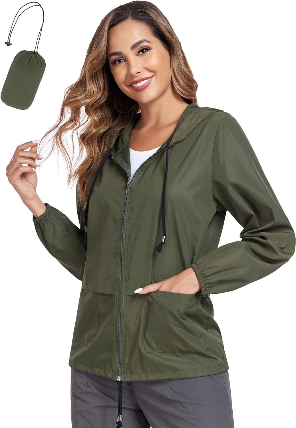 Women'S Raincoat Waterproof Windbreaker Hooded Lightweight Packable Rain Jacket with Back Zipper Coats S-XXL