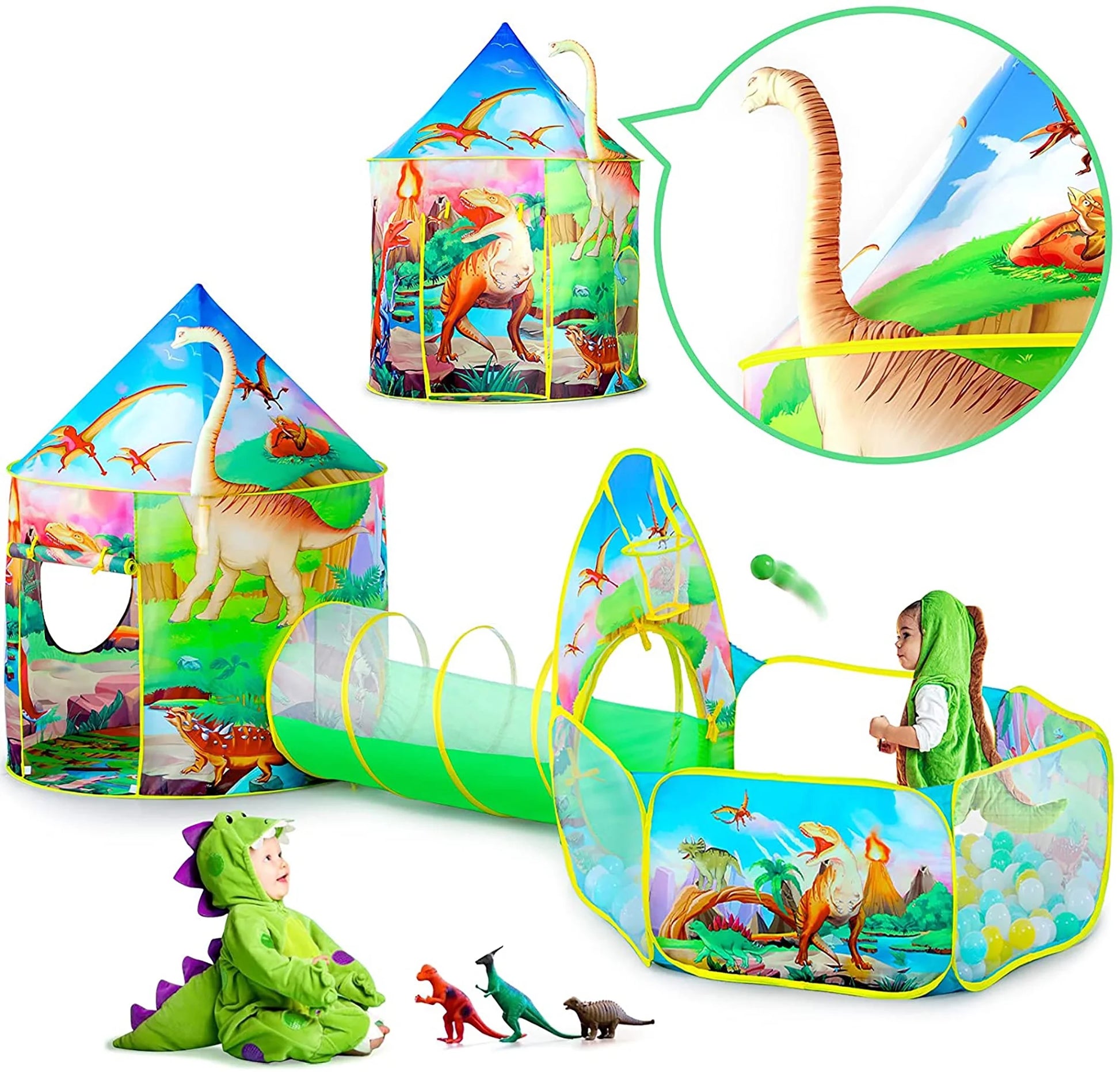 3PC Dinosaur Kids Tent for Toddlers with Baby Ball Pit and Crawl Tunnel Indoor Outdoor Polyester Playhouse