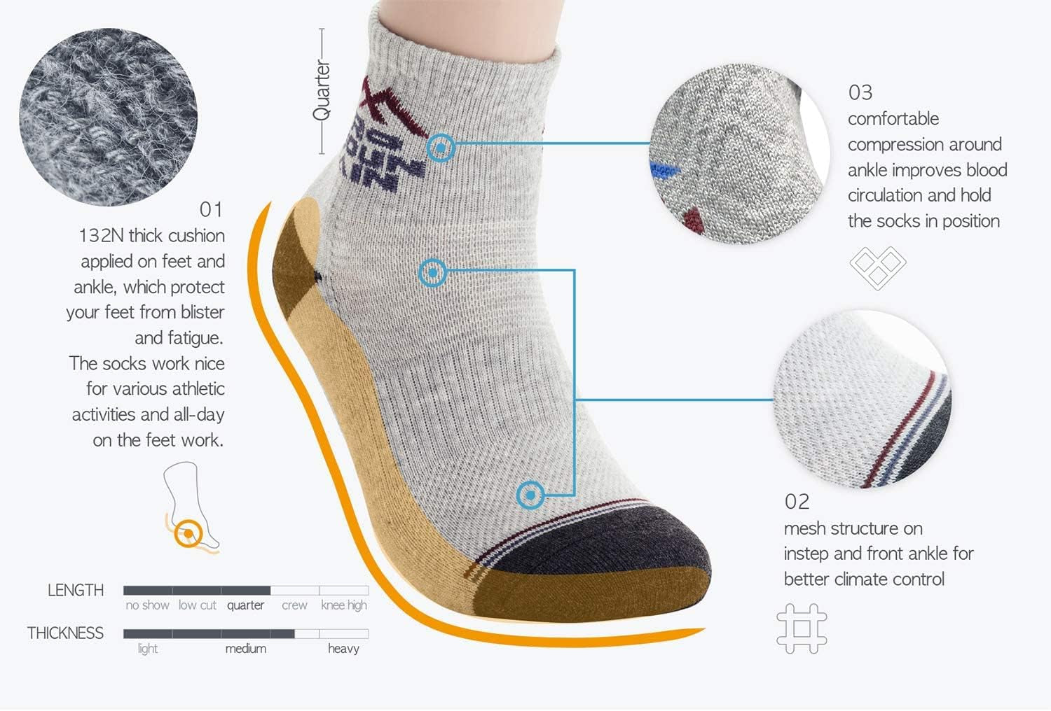 Wide Toe Box for Health Cotton Compression Ankle Socks Athletic Hiking Mesh Quarter Length