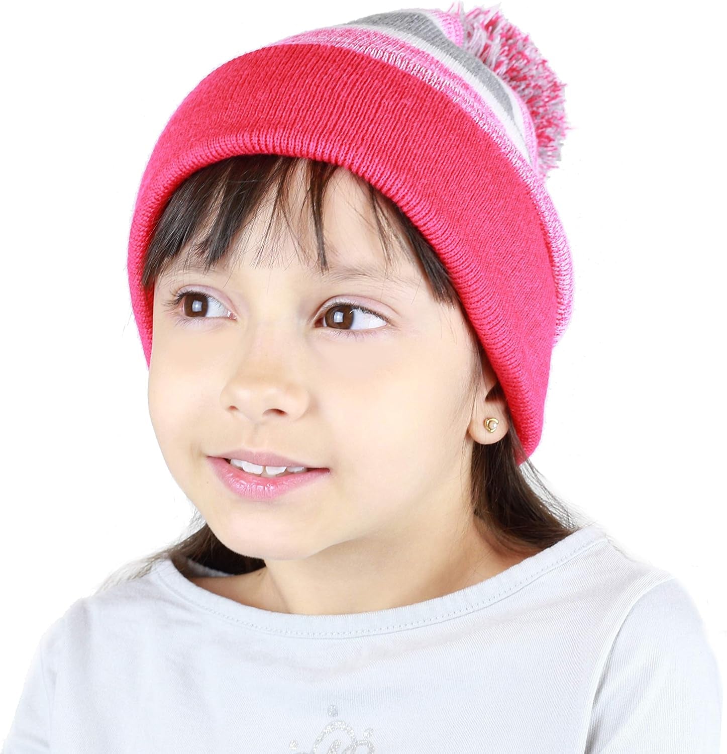 Kids Cuffed Beanie Knit Stripe Pom Winter Hat
