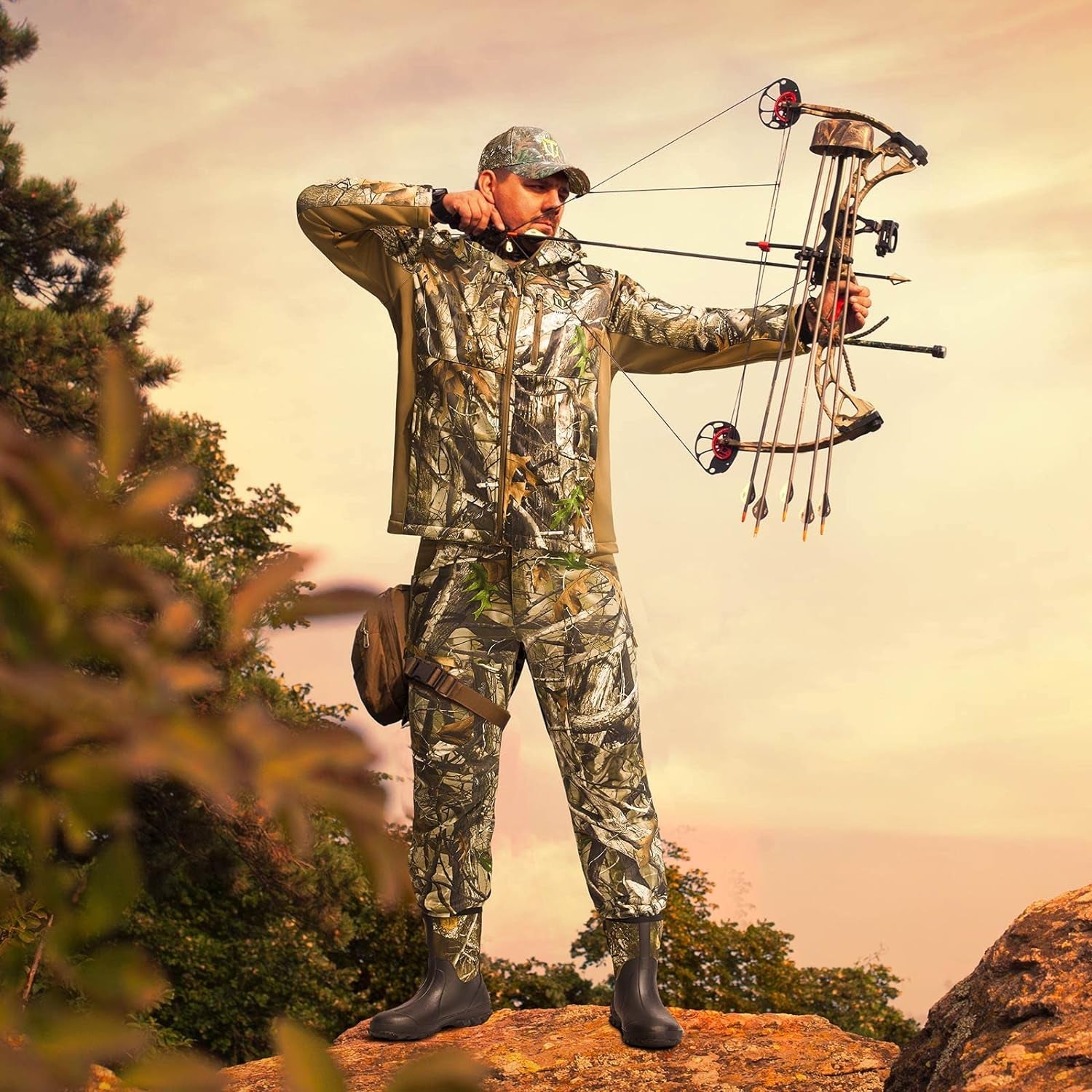 Hunting Clothes for Men with Fleece Lining, Safety Strap Compatible Water Resistant Silent Hunting Jacket and Pants
