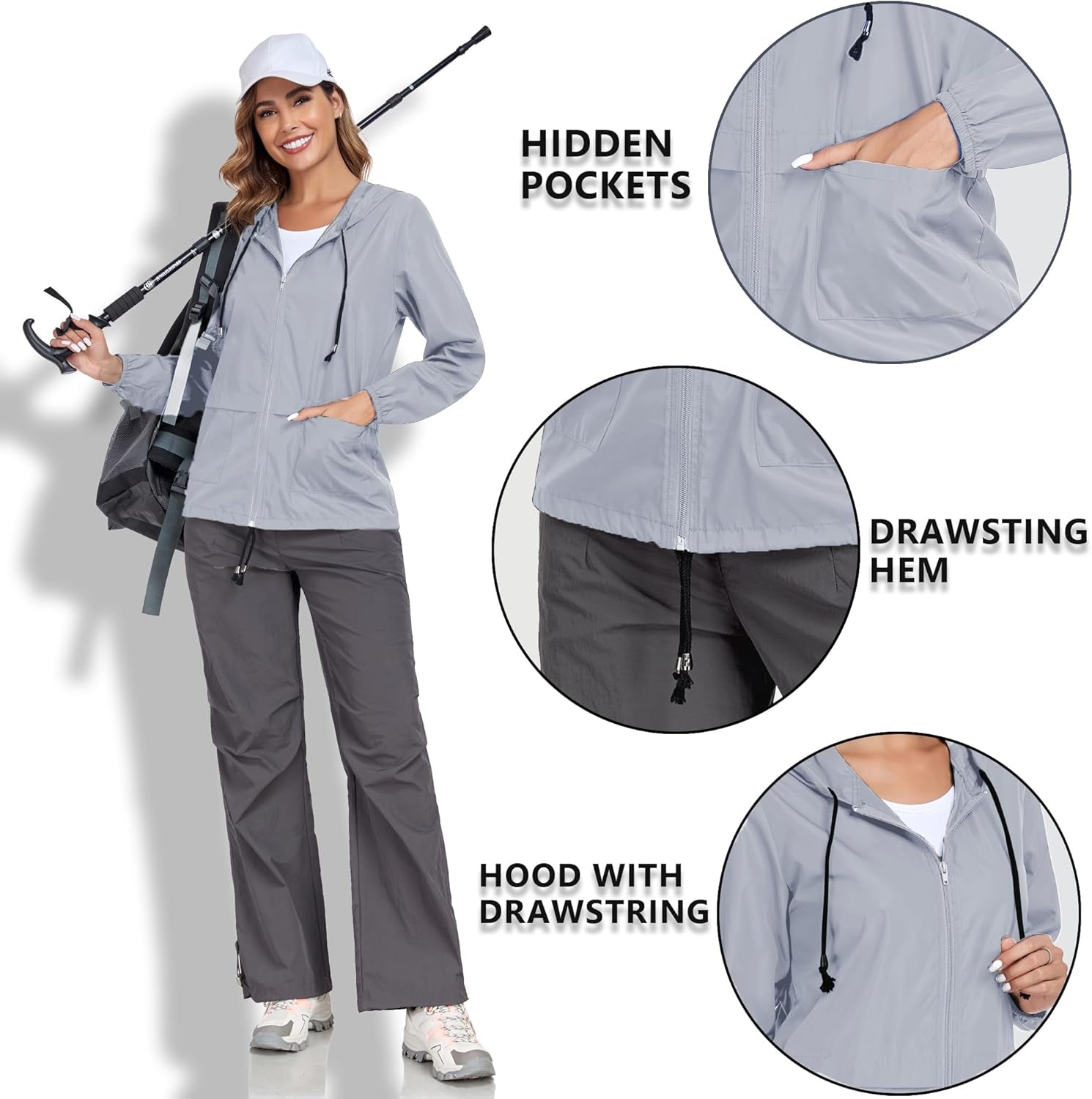 Women'S Raincoat Waterproof Windbreaker Hooded Lightweight Packable Rain Jacket with Back Zipper Coats S-XXL