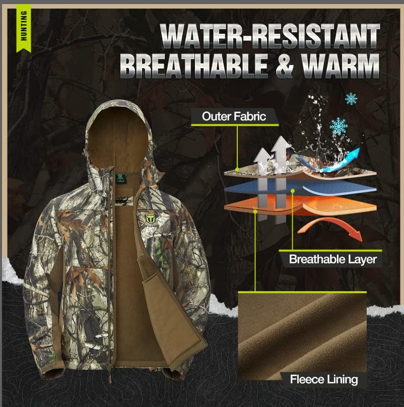 Hunting Clothes for Men with Fleece Lining, Safety Strap Compatible Water Resistant Silent Hunting Jacket and Pants