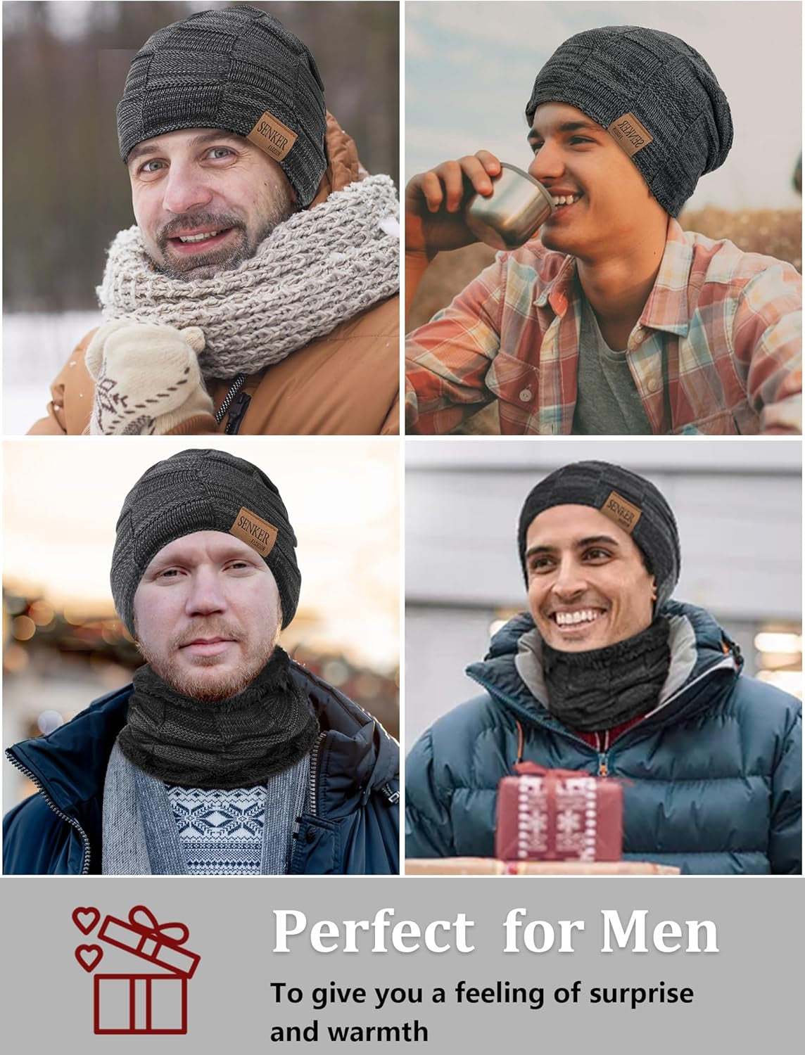 3 Pieces Winter Hat Scarf and Gloves Set for Men and Women, Knit Slouchy Beanie Cap & Neck Warmer & Screen - Touch Gloves