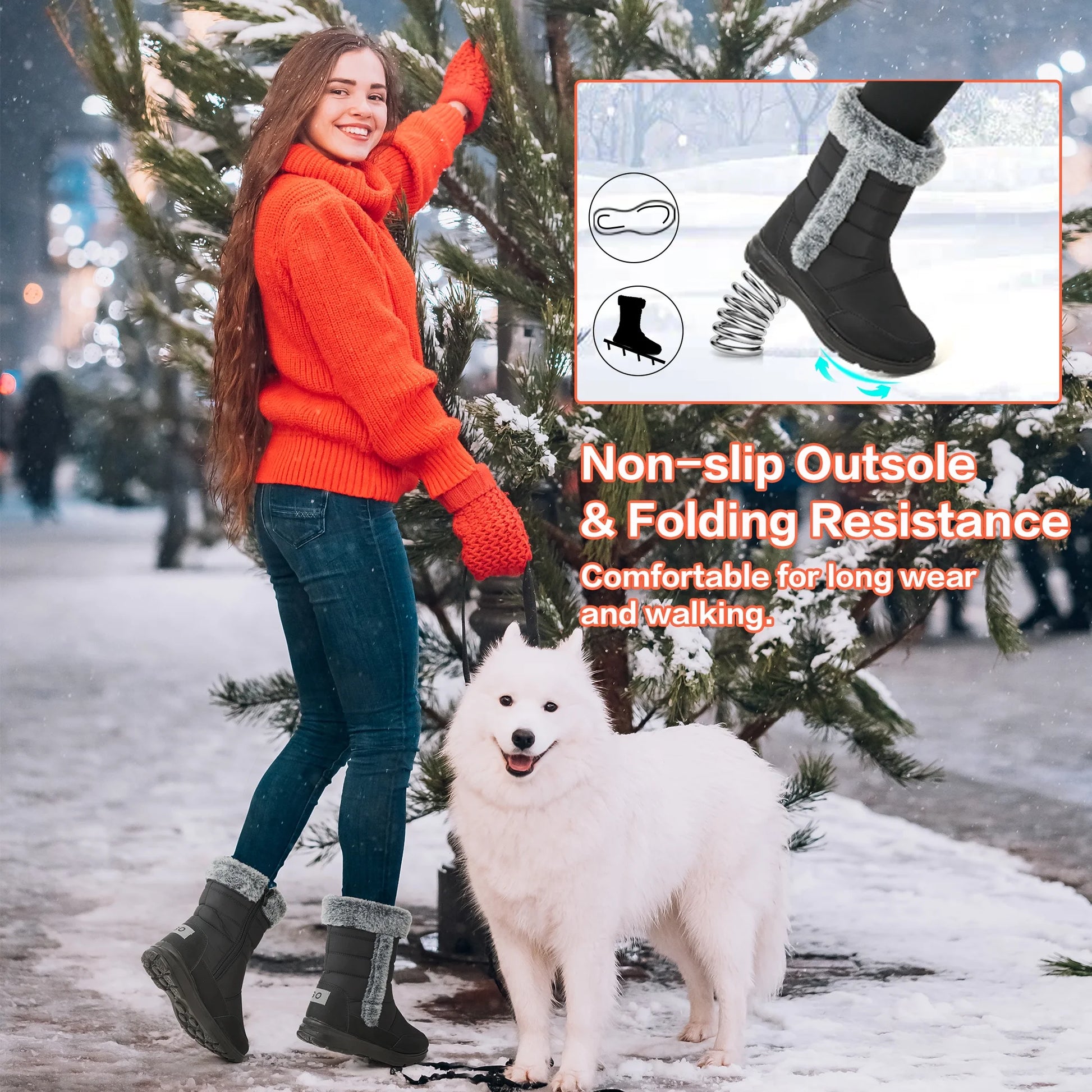 Women'S Snow Boots, Waterproof Faux Fur Lined Mid Calf, Black, Size 8