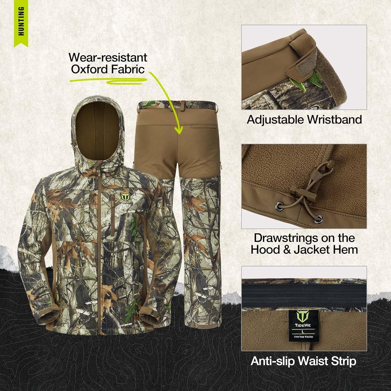 Hunting Clothes for Men with Fleece Lining, Safety Strap Compatible Water Resistant Silent Hunting Jacket and Pants