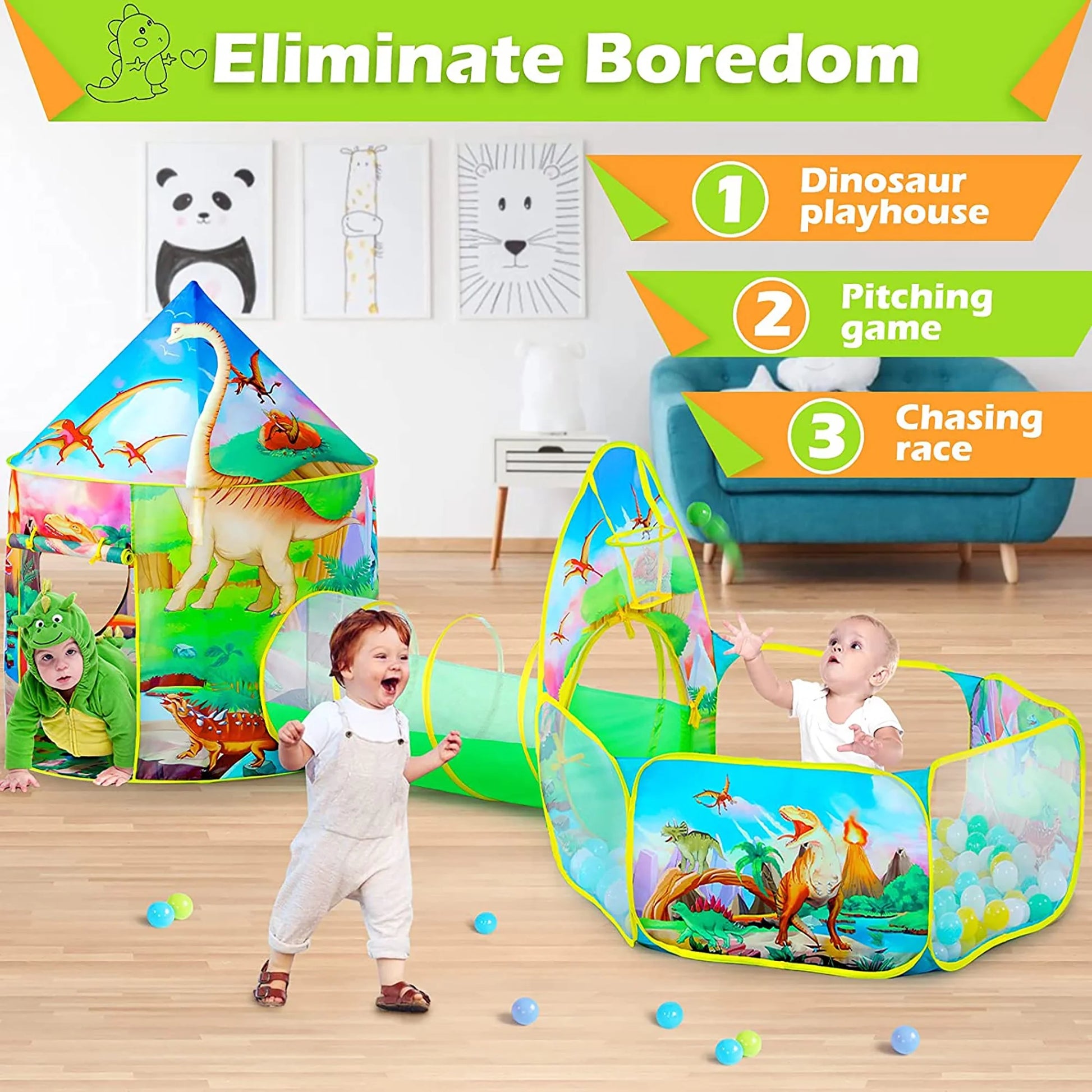 3PC Dinosaur Kids Tent for Toddlers with Baby Ball Pit and Crawl Tunnel Indoor Outdoor Polyester Playhouse