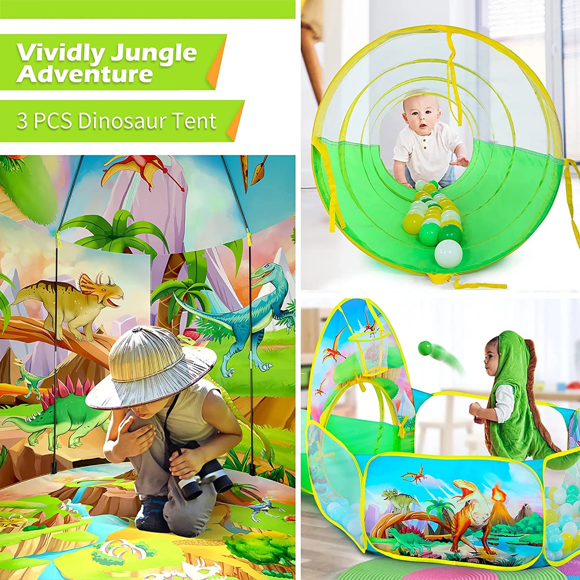 3PC Dinosaur Kids Tent for Toddlers with Baby Ball Pit and Crawl Tunnel Indoor Outdoor Polyester Playhouse