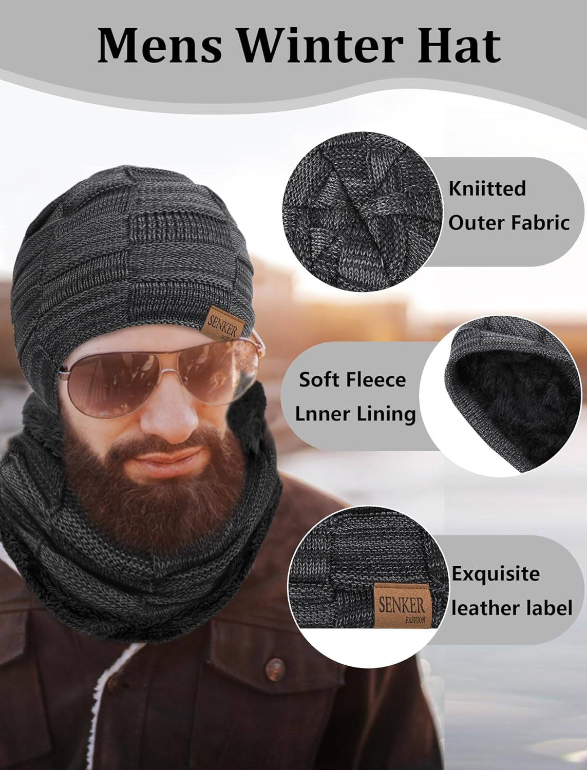3 Pieces Winter Hat Scarf and Gloves Set for Men and Women, Knit Slouchy Beanie Cap & Neck Warmer & Screen - Touch Gloves