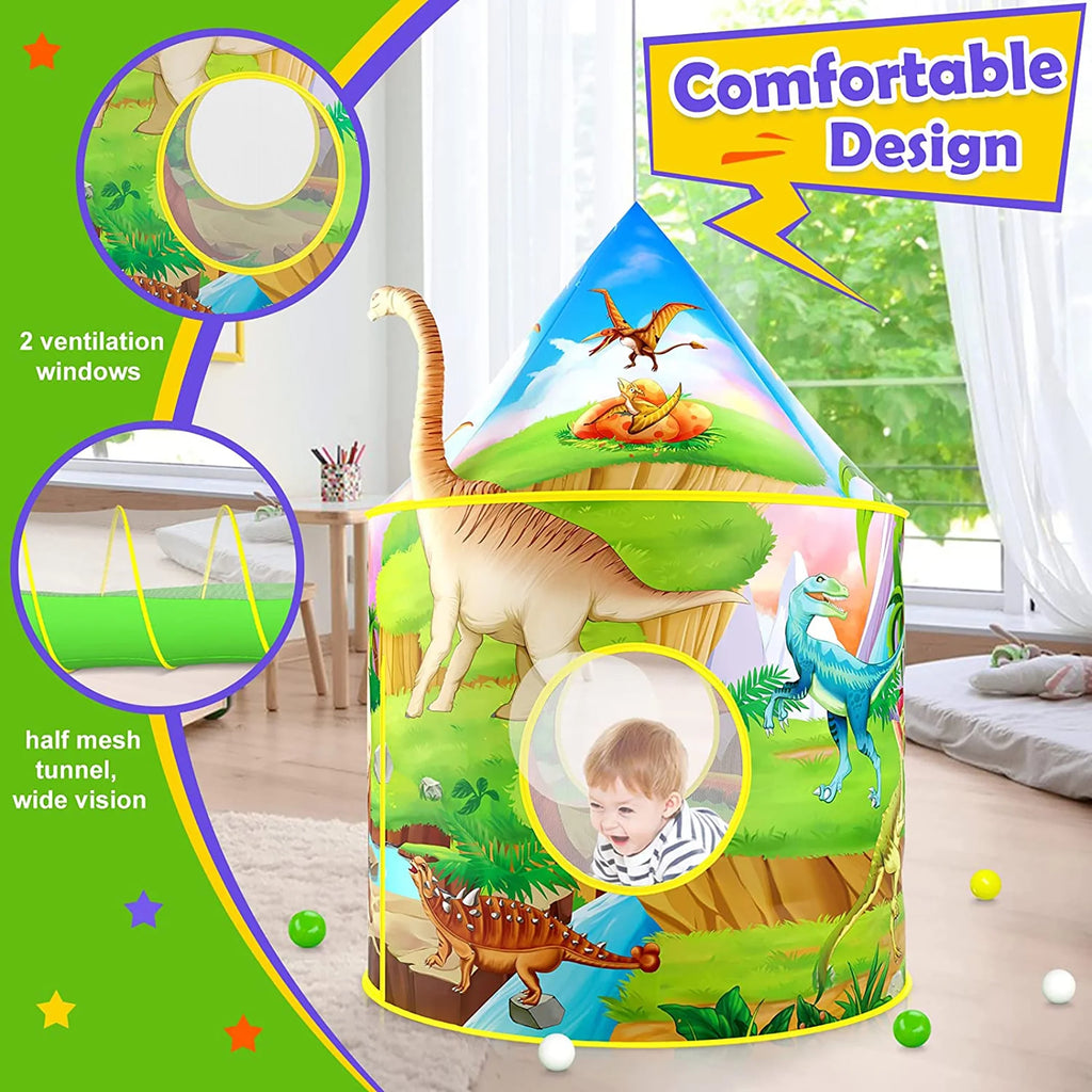 3PC Dinosaur Kids Tent for Toddlers with Baby Ball Pit and Crawl Tunnel Indoor Outdoor Polyester Playhouse