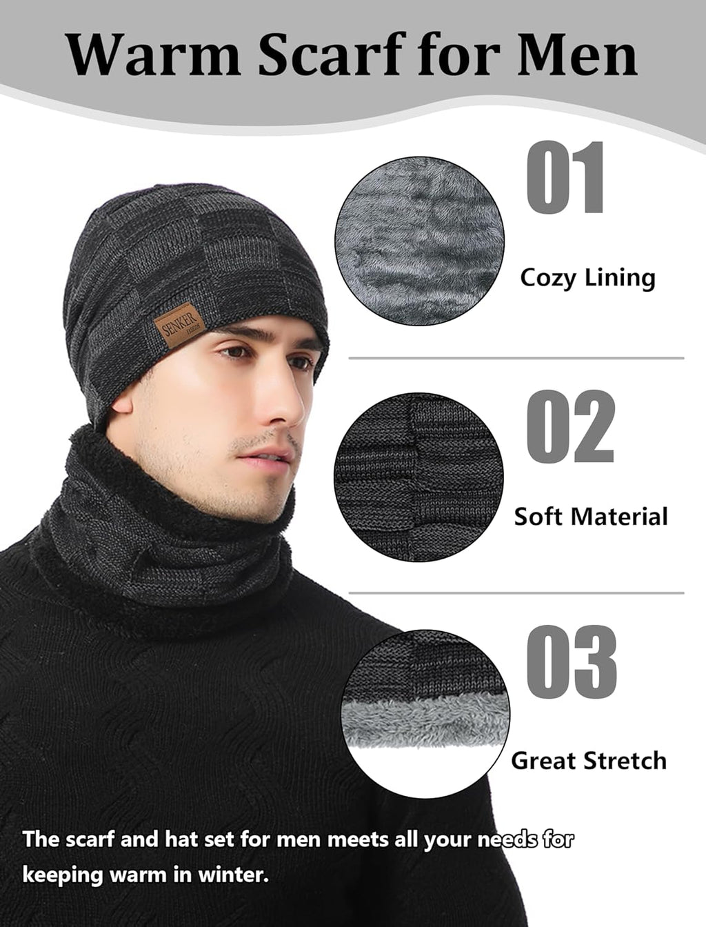 3 Pieces Winter Hat Scarf and Gloves Set for Men and Women, Knit Slouchy Beanie Cap & Neck Warmer & Screen - Touch Gloves