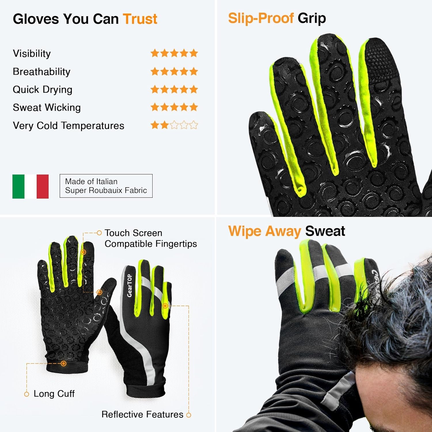 Running Gloves for Men & Women, Touchscreen Cold Weather Jogging Gear, Fluorescent Reflective Winter Gloves Visible at Night, Warm Glove Liners for Hiking