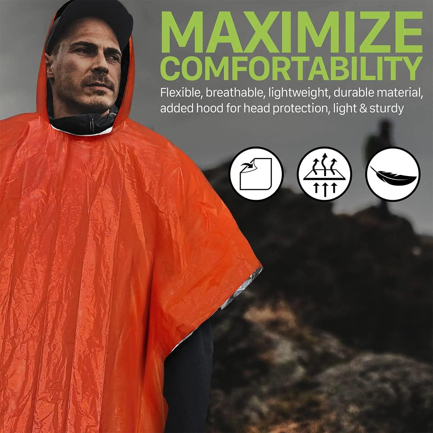 Emergency Rain Poncho with Hood Reusable Weather Resistant Raincoat for Men Women Camping Hiking Emergency Supplies Survival Kit