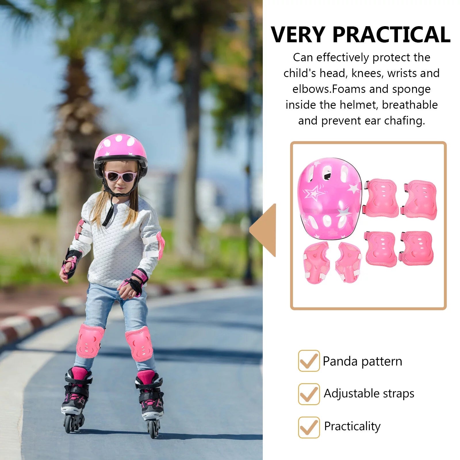 Kids Adjustable Helmet Suitable for Ages 3-14 Years Toddler Boys Girls, Sports Protective Gear Set Knee Elbow Wrist Pads for Bike Skateboard Scooter Rollerblading-Pink
